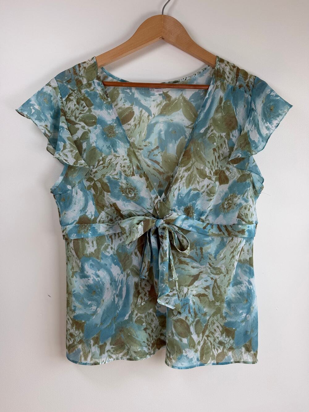 Apt. 9 Y2K Chiffon Blouse Floral Sheer Babydoll Fairy Peasant Flutter Sleeve XL